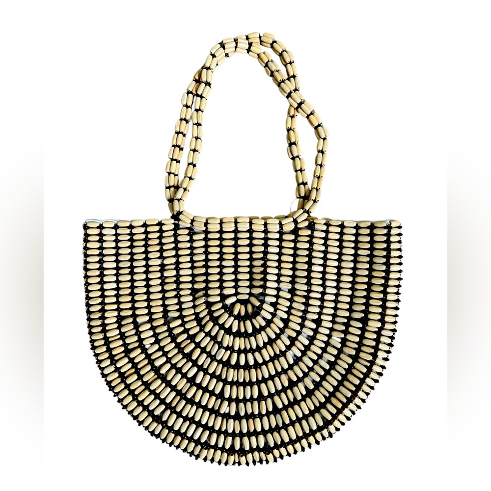 Anthropologie Black and Cream Beaded Shoulder Bag